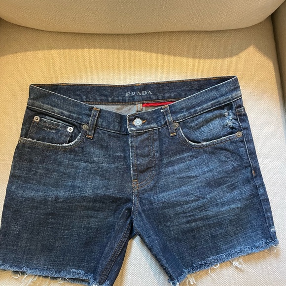 Prada Blue Denim Shorts with Red Accent